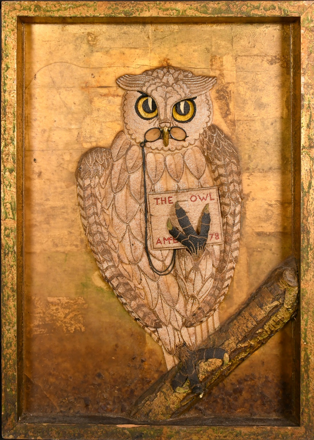 Angus McBean (1904-1990), 'Wise Old Owl', mixed media with applied beadwork, 37" x 26.75" (94 x - Image 2 of 5