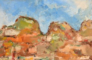 Pasquale Carenza, Circa 1970, a stylized mountain landscape, oil on board, signed, 20" x 30" (51 x