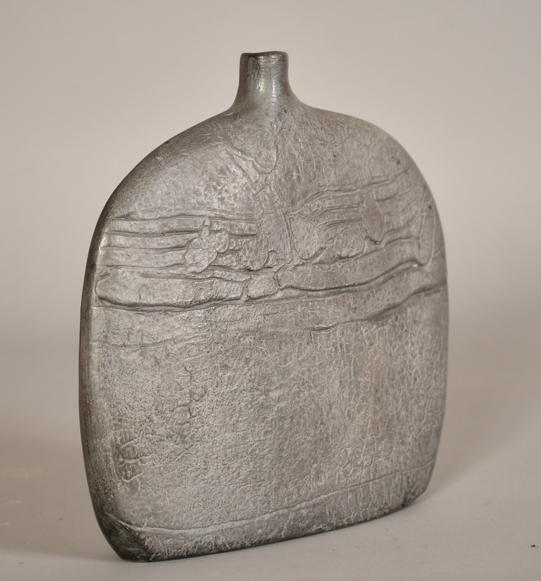 A studio pottery flattened vase with a textured metallic style finish, 7" (18cm) high. - Image 2 of 4