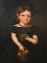 19th Century English School, a portrait of a girl holding a basket of flowers, oil on canvas, 26"