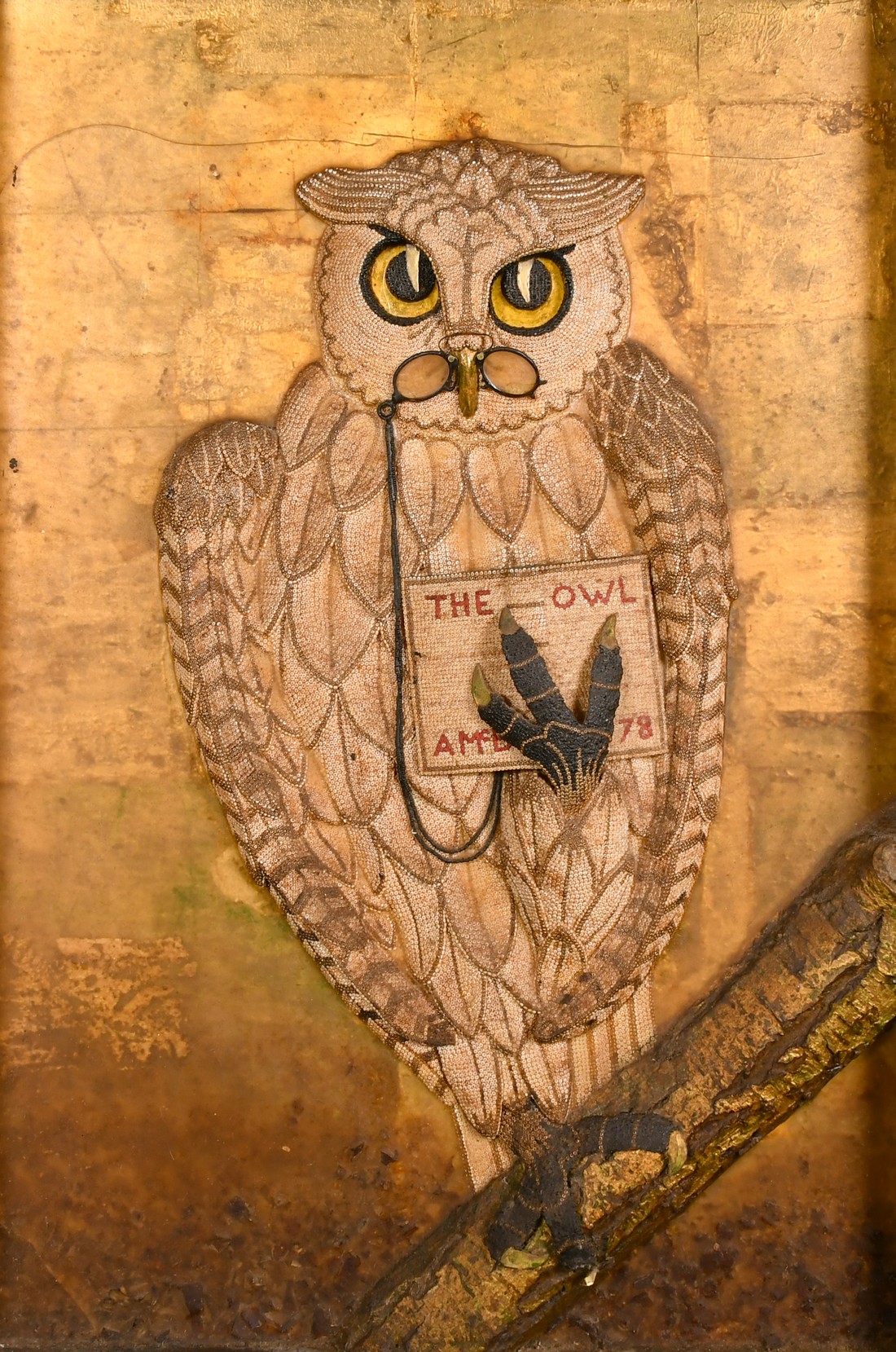 Angus McBean (1904-1990), 'Wise Old Owl', mixed media with applied beadwork, 37" x 26.75" (94 x