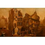 Early 19th Century, a pair of oil on panel town views with figures, both with indistinct