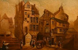 Early 19th Century, a pair of oil on panel town views with figures, both with indistinct