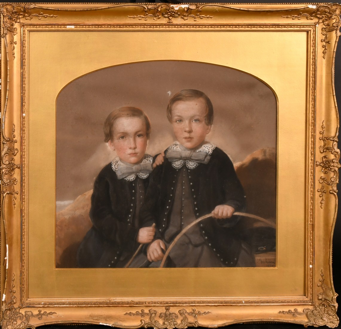 J. Buchanan, 19th Century, a portrait of two young boys, watercolour heightened in white, signed and - Image 2 of 4