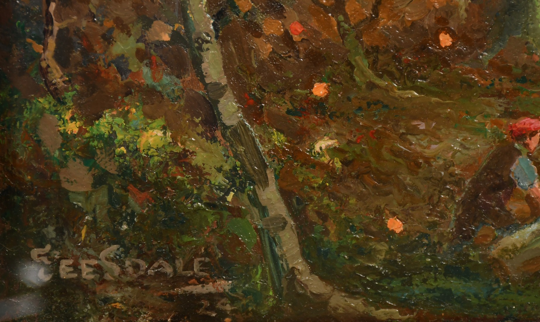 Teesdale, Circa 1920, 'Borderland', figure in a woodland clearing, oil on canvas, signed, 20" x - Image 3 of 4