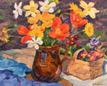 Nikolay Kalmykov (1924-1994), Spring Flowers in a Jug, oil on canvas, signed and dated 67, 18" x 22"
