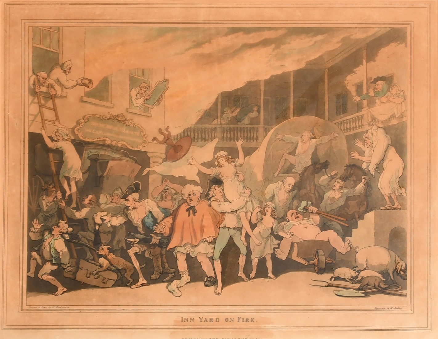 Thomas Rowlandson (1756-1827), 'Inn Yard on Fire', etching and aquatint, image size 13" x 18" (33