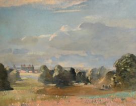 20th Century English School, sweeping landscape view with a country house and windmill, oil on