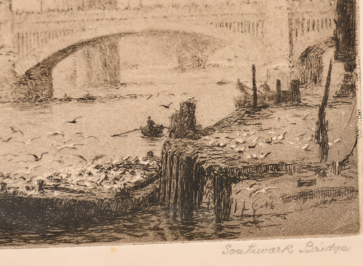 William Lionel Wyllie (1851-1931), Southwark Bridge, etching, signed in pencil, plate size 5" x 12. - Image 4 of 5