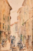 Circle of William Lee Hankey, a busy street in Ajaccio, watercolour, inscribed in margin beneath