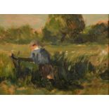 Attributed to Henry George Moon (1857-1905), figure leaning on a gate, oil on board, 6" x 7.5" (15 x