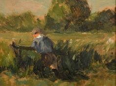 Attributed to Henry George Moon (1857-1905), figure leaning on a gate, oil on board, 6" x 7.5" (15 x