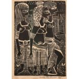 Arne Lindaas, three native figures, wood engraving, signed in pencil and dated 48, image size 5.