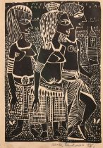 Arne Lindaas, three native figures, wood engraving, signed in pencil and dated 48, image size 5.