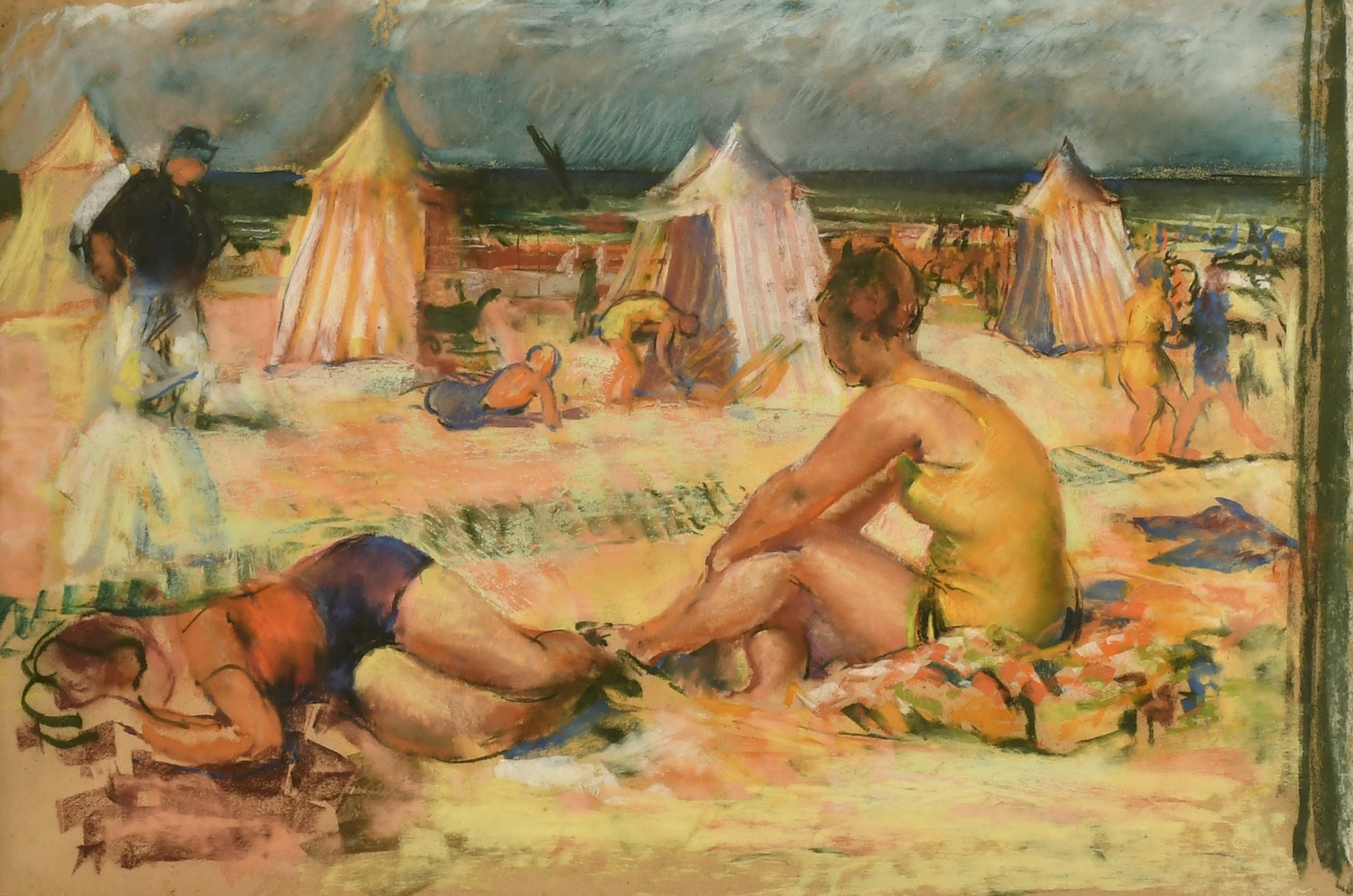 James Grant (20th Century), female figures on a beach, pastel, inscription verso, 13.5" x 21" (34