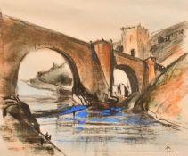 Circle of Muirhead Bone, a Continental Bridge with figures on a riverbank, charcoal, crayon and
