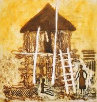 Durmisani Ndlovu, Zimbabwe, 'Elevated Hut', Collograph, numbered 2/10,signed, titled and dated