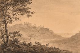Attributed to William Gilpin, 'Distant View of Hastings Castle from the Village of Owre', ink and