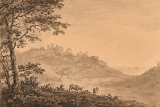 Attributed to William Gilpin, 'Distant View of Hastings Castle from the Village of Owre', ink and