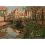 Marten Ven Der Loo (1880-1920) Belgian, a view of an old bridge, oil on canvas, signed, 18" x 24" (