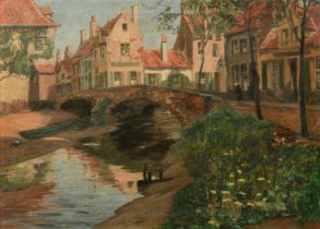 Marten Ven Der Loo (1880-1920) Belgian, a view of an old bridge, oil on canvas, signed, 18" x 24" (
