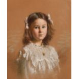 Circle of William Dring, a pastel portrait of a young girl with pink ribbons in her hair,