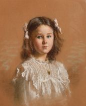 Circle of William Dring, a pastel portrait of a young girl with pink ribbons in her hair,