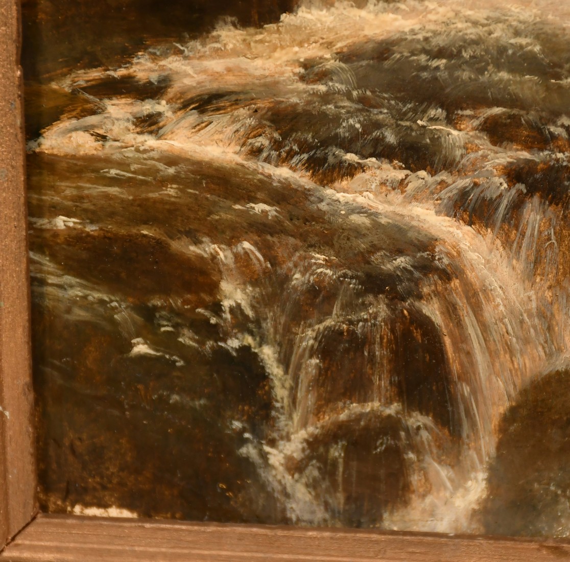 Attributed to Edmund Gill (1820-1894), a waterfall scene, oil on panel, indistinctly signed with - Image 3 of 4