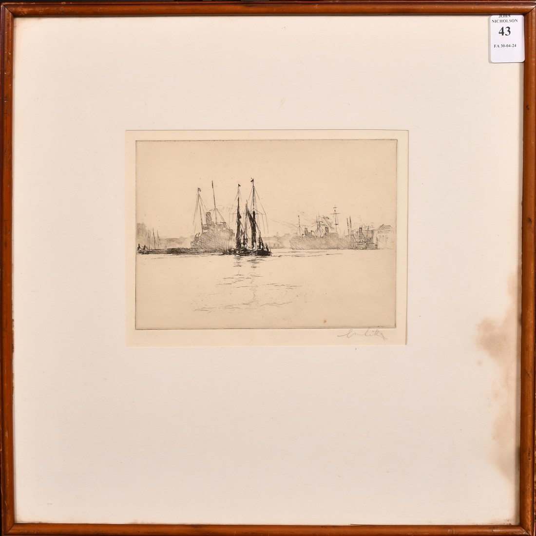 Sidney McKenzie Litten, shipping on a broad river, etching, signed in pencil, plate size 5" x 7" ( - Image 2 of 4