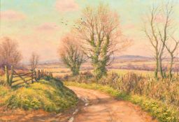 Mervyn Goode, 'March Sunlight, Rooks and Primroses', oil on canvas, signed, 14" x 20" (36 x 51cm).