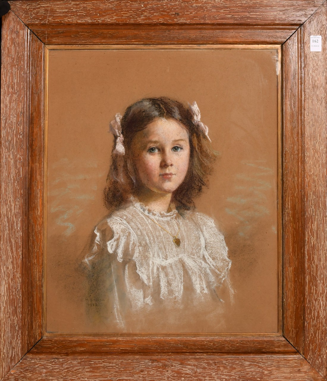 Circle of William Dring, a pastel portrait of a young girl with pink ribbons in her hair, - Image 2 of 4