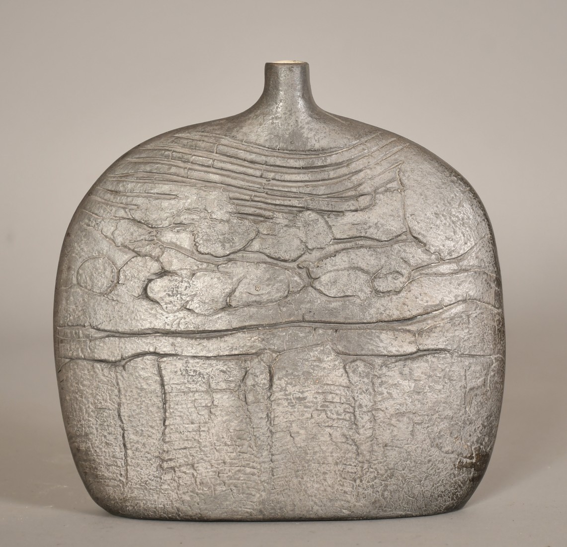 A studio pottery flattened vase with a textured metallic style finish, 7" (18cm) high. - Image 4 of 4