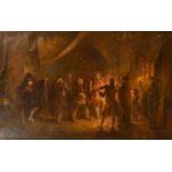 Late 19th Century Continental School, figures in a street playing instruments by firelight, oil on