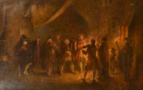 Late 19th Century Continental School, figures in a street playing instruments by firelight, oil on
