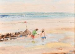 Terry Pilcher, 20th Century, a pair of beach scenes, oil on board, signed, 6" x 8" (15 x 20cm),