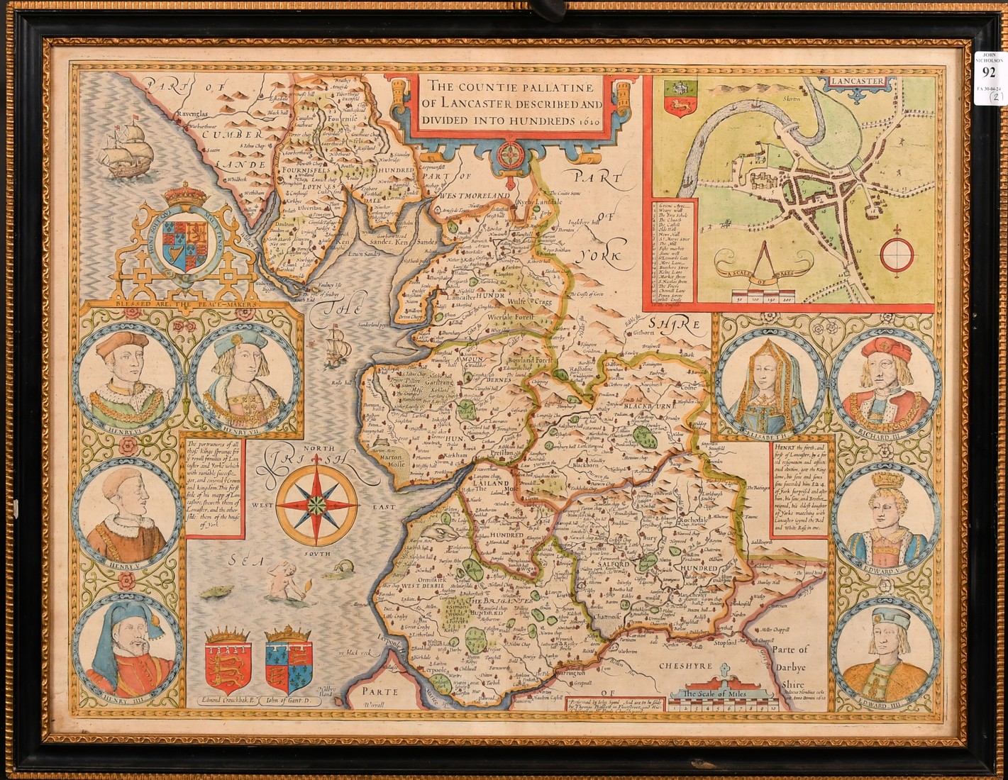 John Speed, a 17th Century map of 'The Countie Pallatine of Lancaster', hand coloured, 16" x 21" (41 - Image 2 of 5