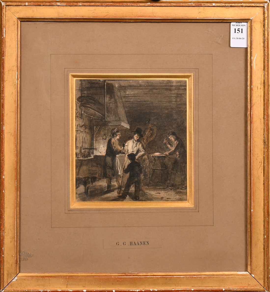 Attributed to George Van Haanen (1807-1876), figures in a forge, watercolour heightened with - Image 2 of 3
