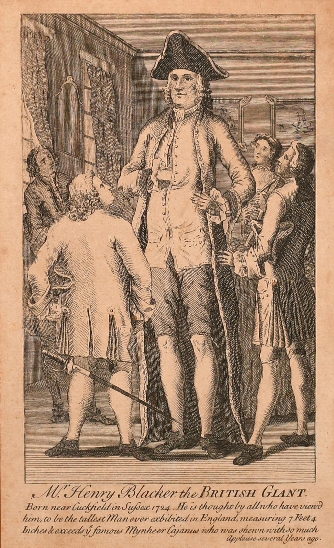 A Late 18th Century engraving of Mr Henry Blacker, the British Giant, extensively inscribed in