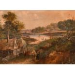 19th Century English School, figures and livestock outside a country dwelling, oil on canvas,