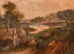 19th Century English School, figures and livestock outside a country dwelling, oil on canvas,