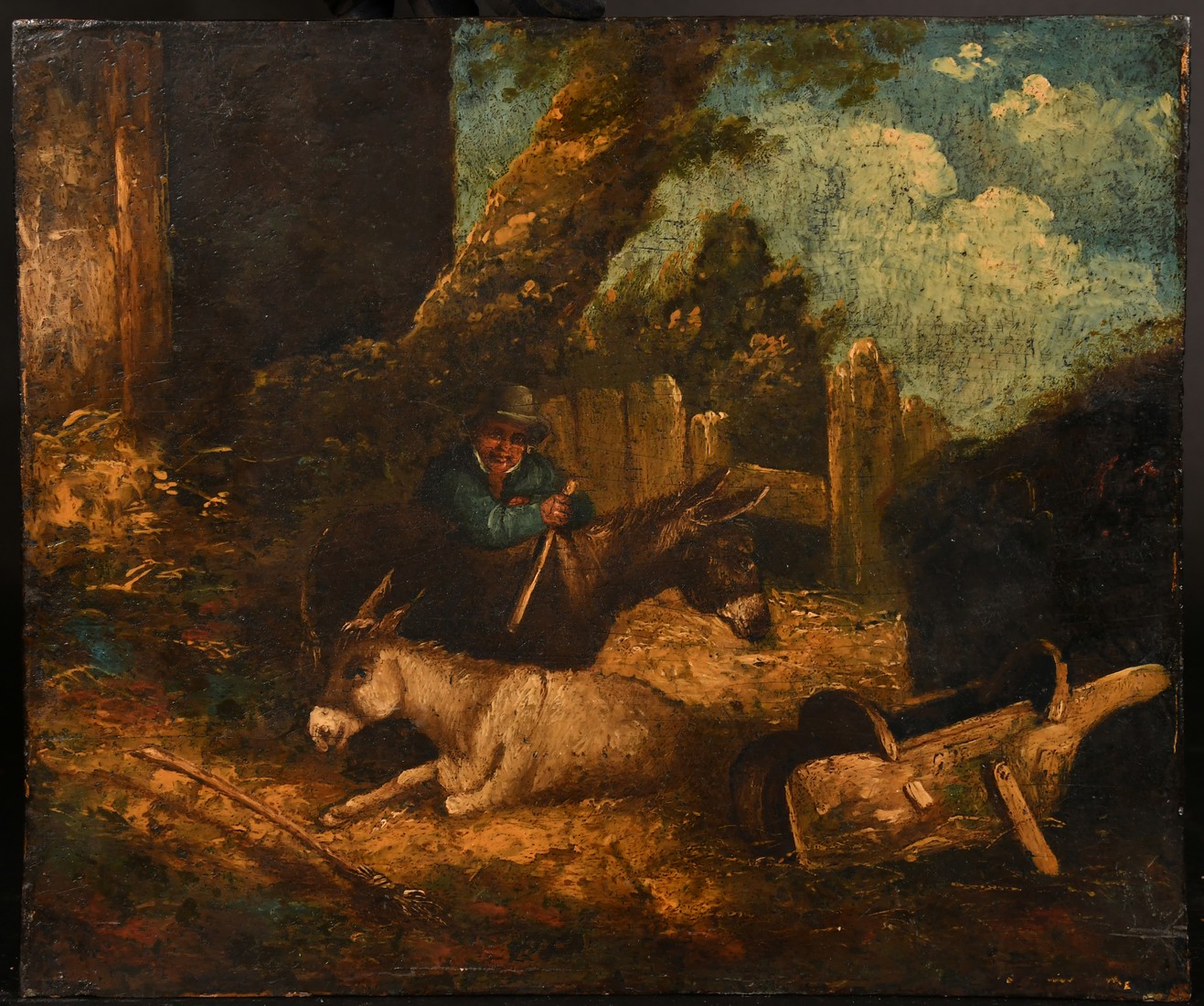 Circle of Morland, figure and two donkeys in a landscape, oil on panel, 11.75" x 13.75" (30 x 35cm), - Image 2 of 3