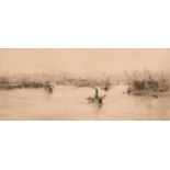 William Lionel Wyllie (1851-1931), river scene with boats, etching, signed in pencil, plate size 6.