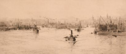 William Lionel Wyllie (1851-1931), river scene with boats, etching, signed in pencil, plate size 6.
