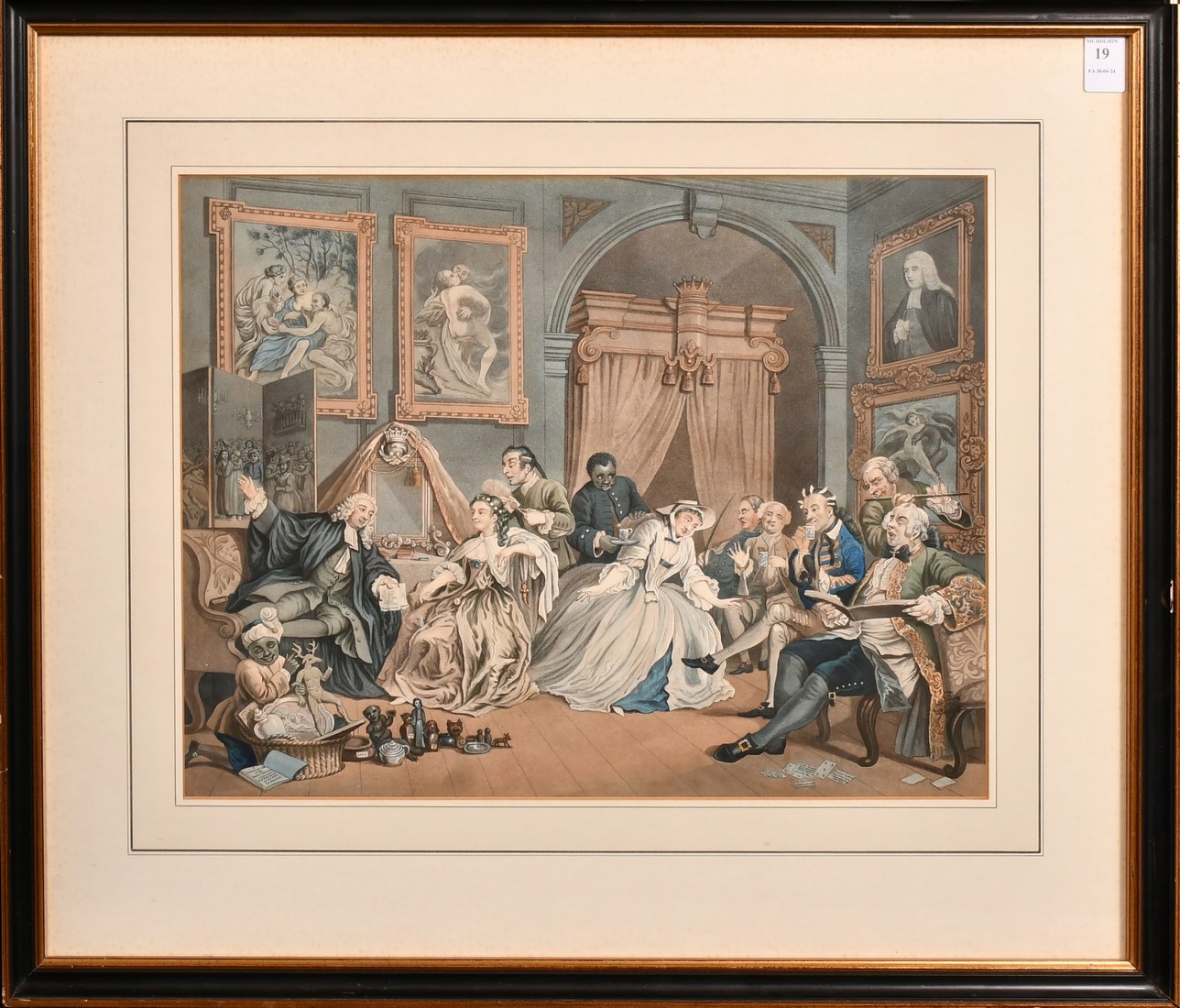 Ravenet after Hogarth, Marriage a la Mode, Plate IV, hand coloured etching, 13.25" x 17.25" (33.5 - Image 2 of 3