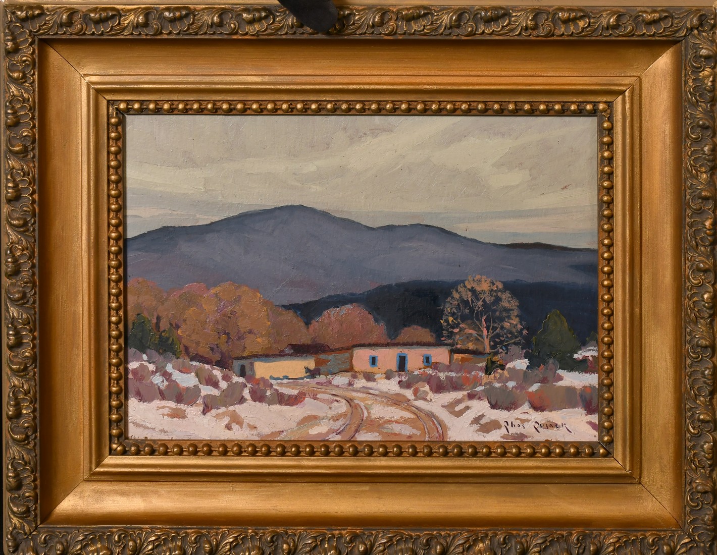 19th/20th Century, possibly Mexican School, buildings on a snow lined track, oil on board, - Image 2 of 4