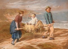John Dawson Watson, Circa 1871, fisherman and his wife carrying a child to the beach, watercolour,