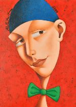 Aleksey Kiryanov (b. 1954), a stylised head study of a figure with a bow tie, acrylic on canvas,