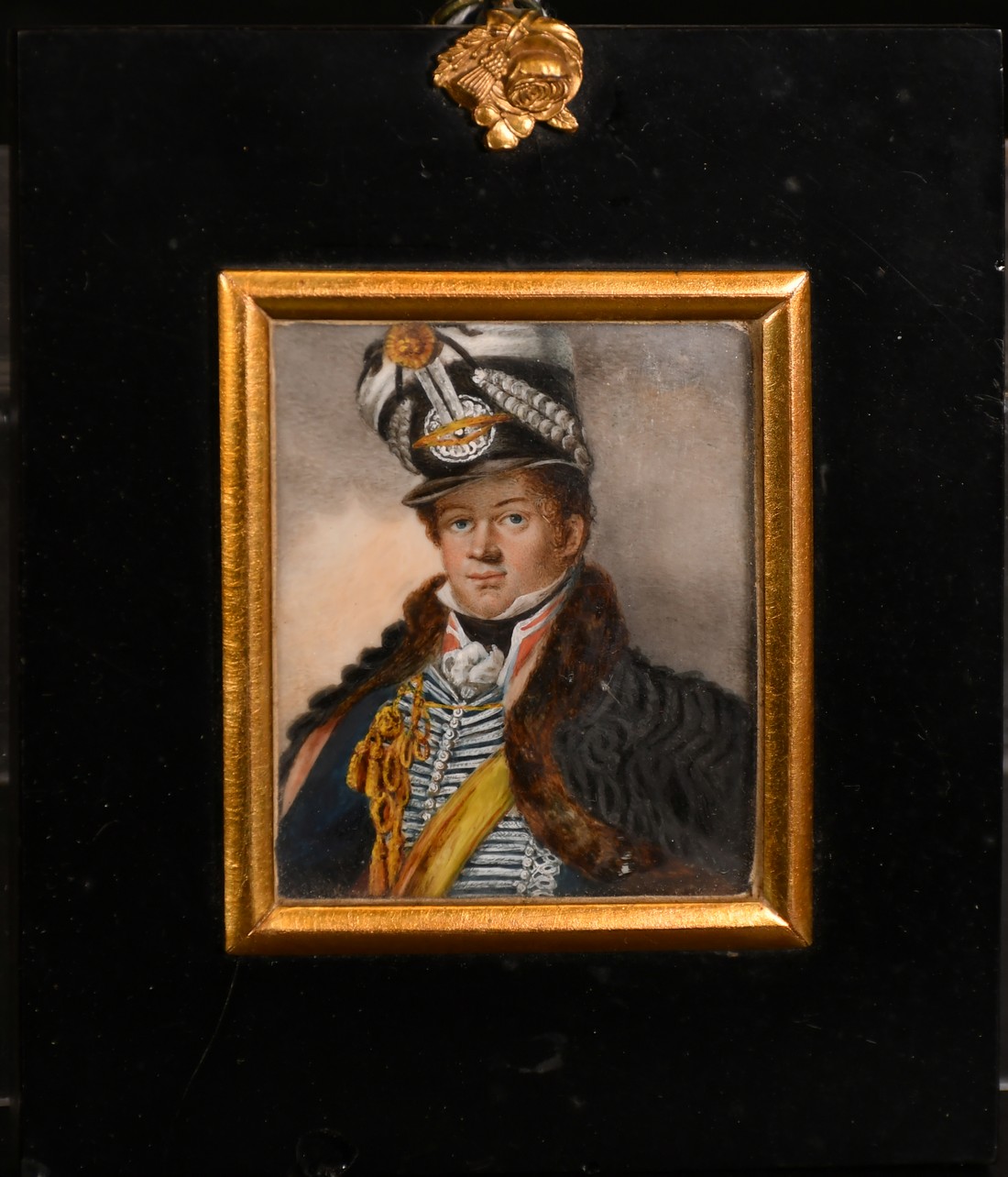 19th Century Continental School, a miniature portrait of a gentleman in a yellow sash, watercolour - Image 2 of 3