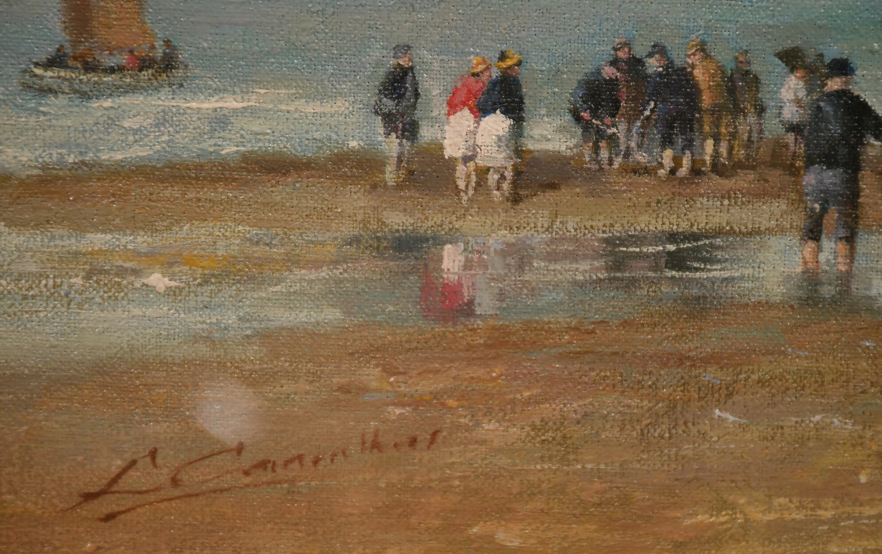 Continental School, Circa 1900, figures gathered on a beach, oil on canvas, indistinctly signed, - Image 3 of 4