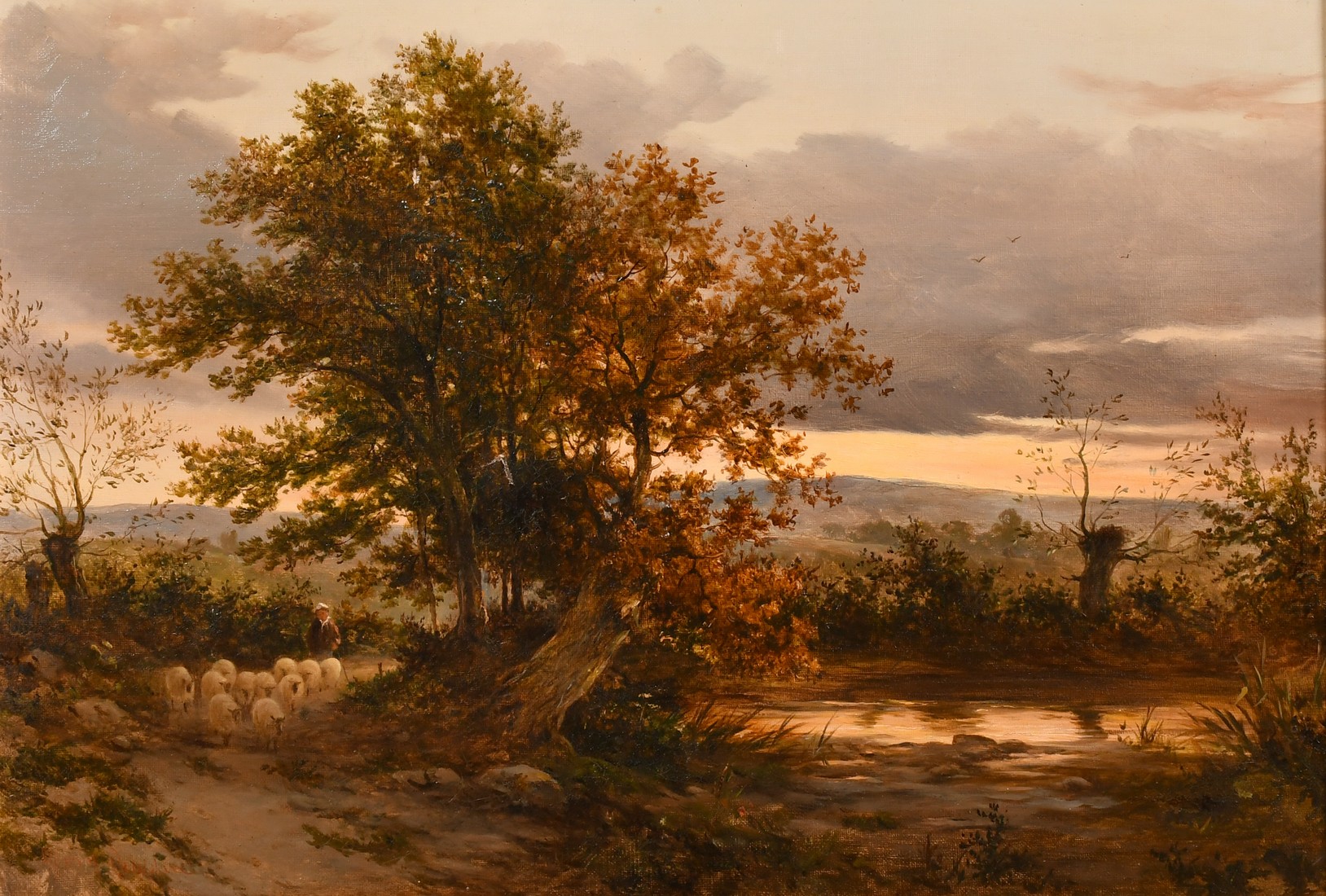 Henry Chaplin (19th Century), a shepherd and his flock on a lakeside path at dusk, oil on canvas,